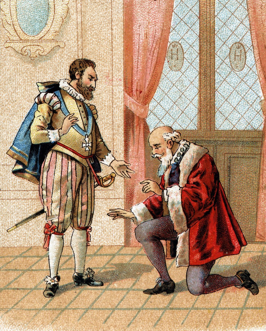 Sta op, mijn vriend, je vijanden zullen zeggen dat ik je vergeef, zei koning Hendrik IV tegen Maximiliaan van Béthune (hertog van Sully) (1559-1641) in 1598 die was neergeknield na een levendige discussie. door French School
