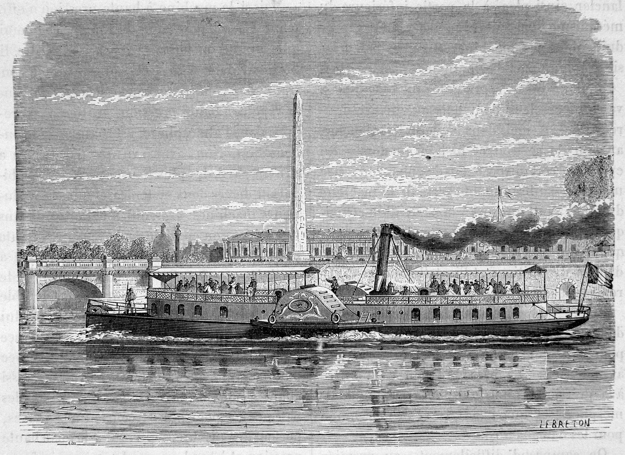 Stoomboot (met wielen) bedoeld voor de omnibusdienst op de Seine in Parijs tijdens de Wereldtentoonstelling van 1867 door French School