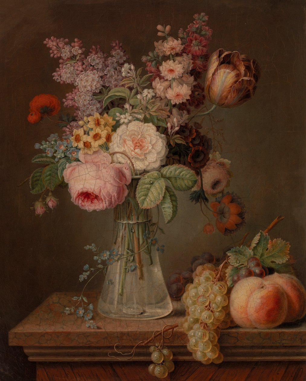 Stilleven met bloemen in een glazen vaas door French School