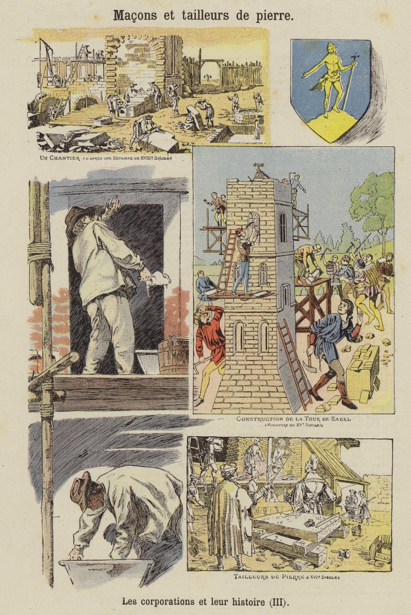 Steenhouwers en metselaars (kleurenlitho) door French School