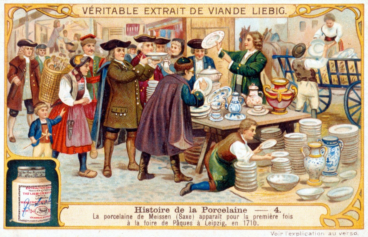 Verhaal van porselein nr. 4: Meissen porselein (Saksen) verscheen voor het eerst op de Paasmarkt in Leipzig in 1710. Liebig chromolithografie door French School