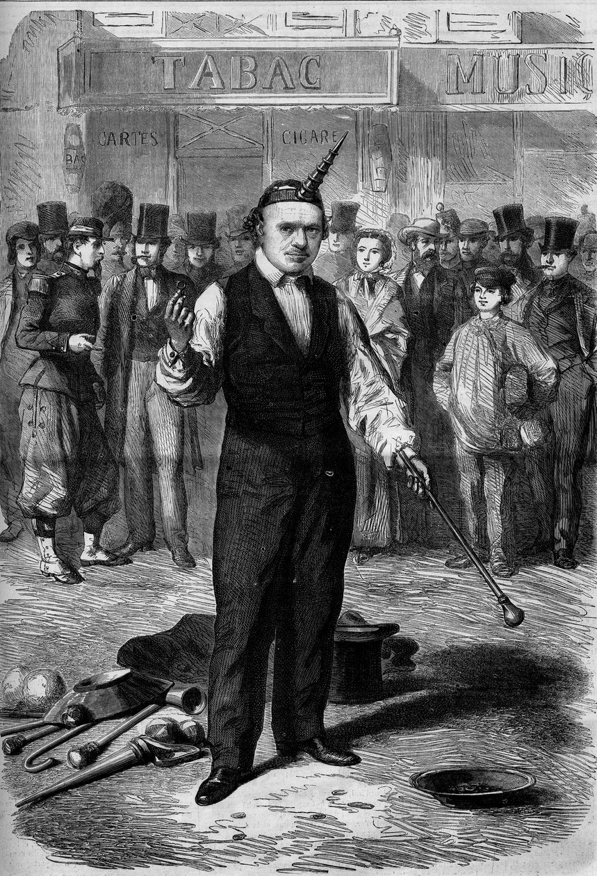 Straatartiest: een batonist (jongleur met stokken) in de straten van Parijs door French School