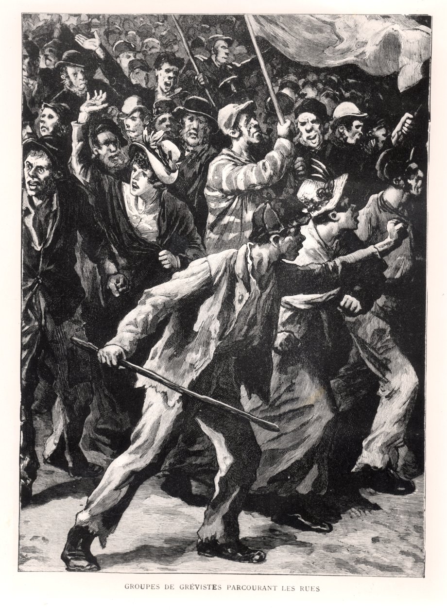 Stakers demonstreren op de straten van Chicago tijdens de Pullman-rellen van 1894, ca. 1895 door French School