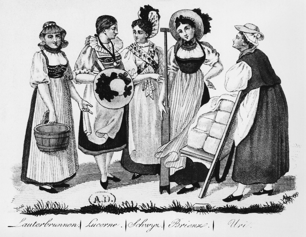 Zwitserse vrouwen in traditionele klederdracht door French School