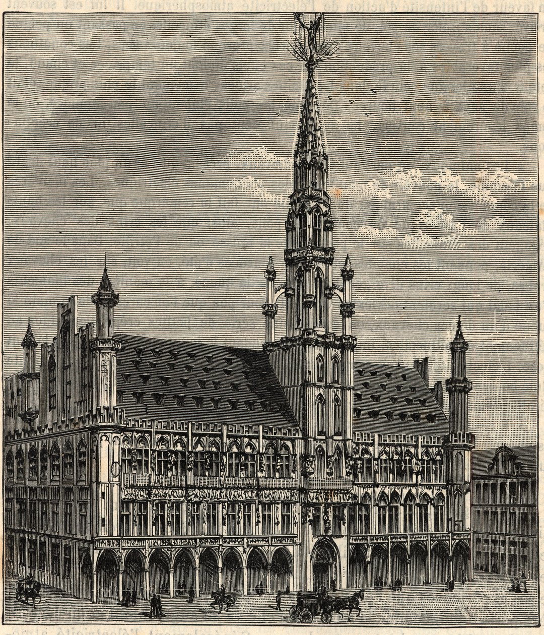 Systeem van bliksemafleiders bij het stadhuis van Brussel in de 19e eeuw - Gravure in 