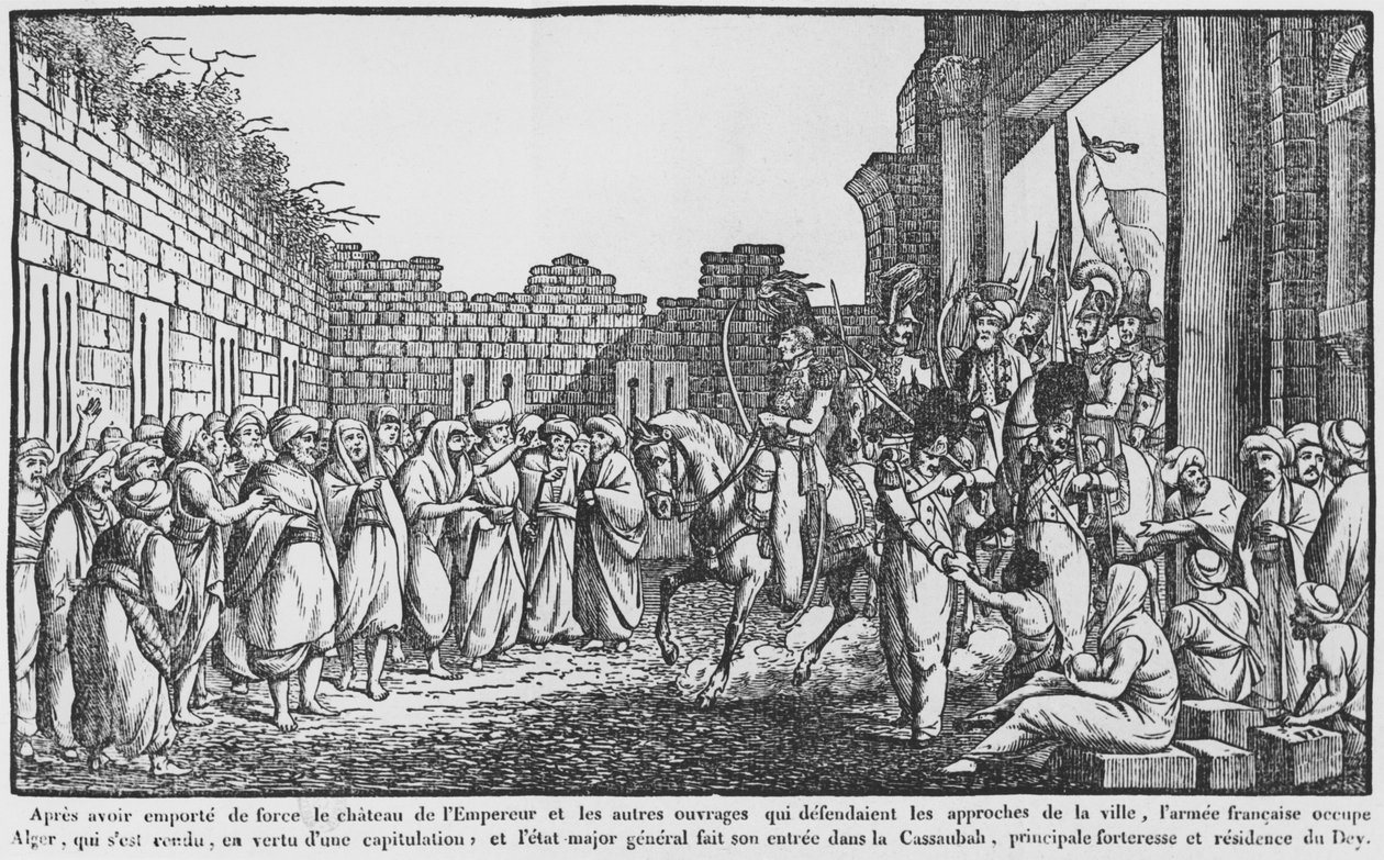 Inname van Algiers, Frans leger dat de kasbah binnentreedt, illustratie uit een populair almanak, 1831 door French School