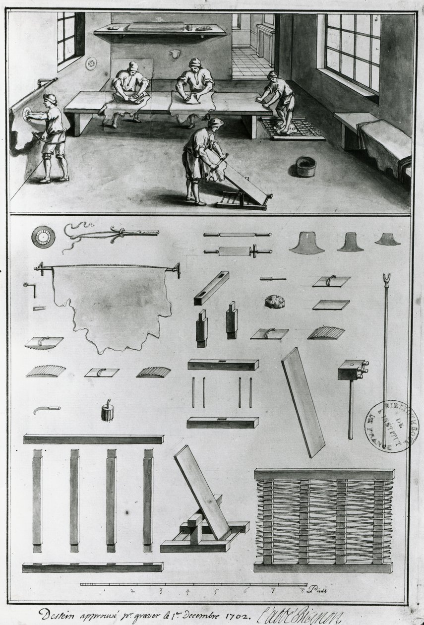 Leerlooiers, uit de Beschrijvingen van kunst en ambachten door Denis Diderot (1713-84), gepubliceerd c.1770 (zwart-wit foto) door French School