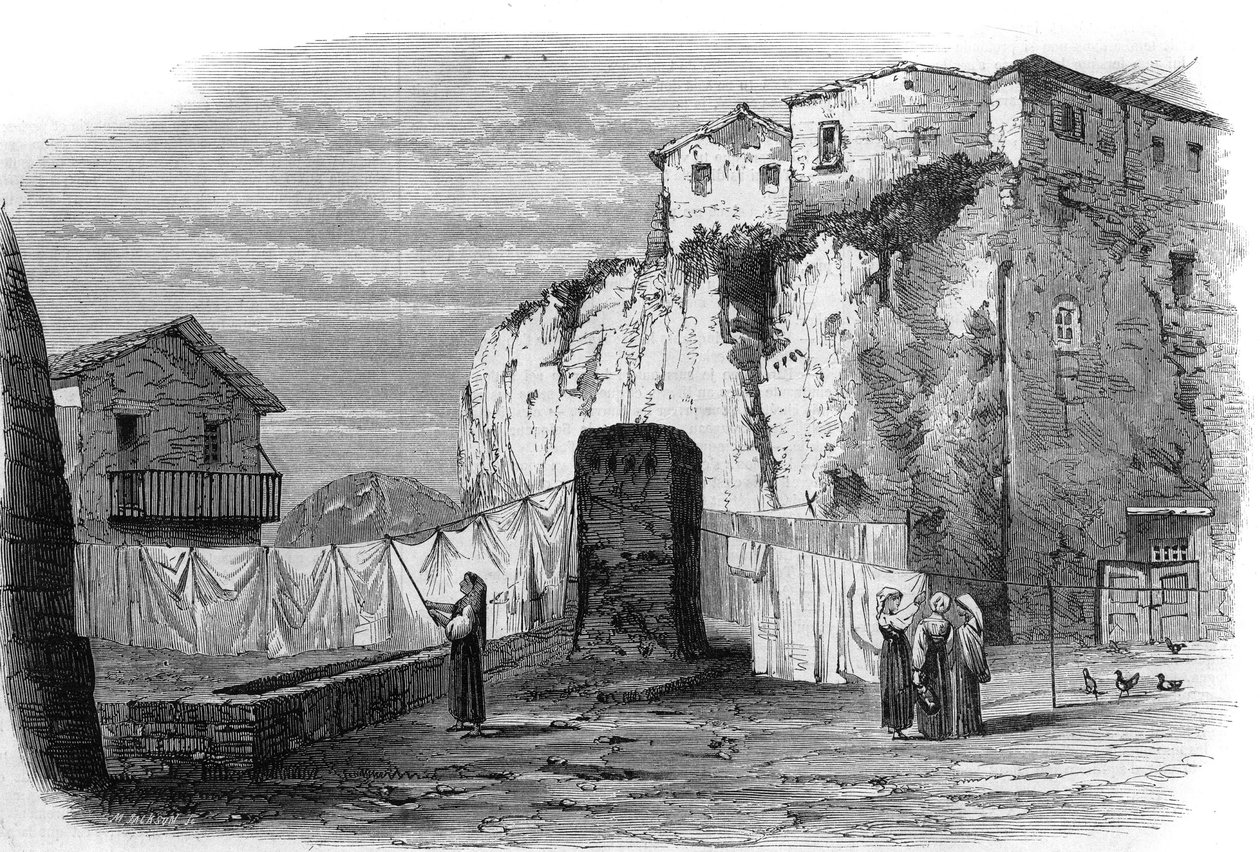 Tarpeïsche rots bij het Capitool in Rome. Plaats van executie tot het einde van de Republiek: criminelen ter dood veroordeeld werden van de klif geworpen. Gravure naar een tekening van M. Mariani in 