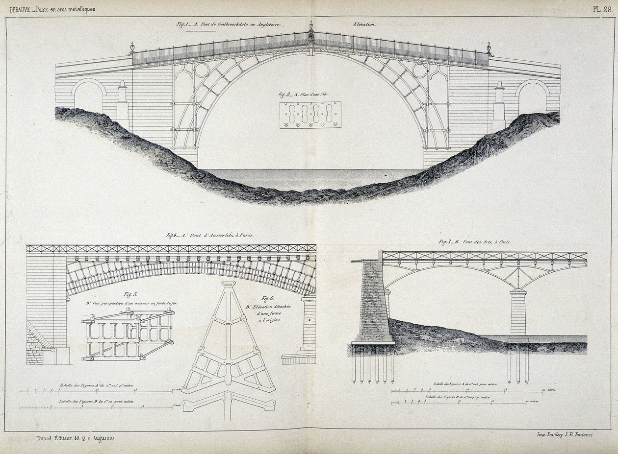 Technische tekeningen van de Ironbridge-bruggen in Coalbrookdale (1779, Engeland), Austerlitz en Arts in Parijs, uit het 