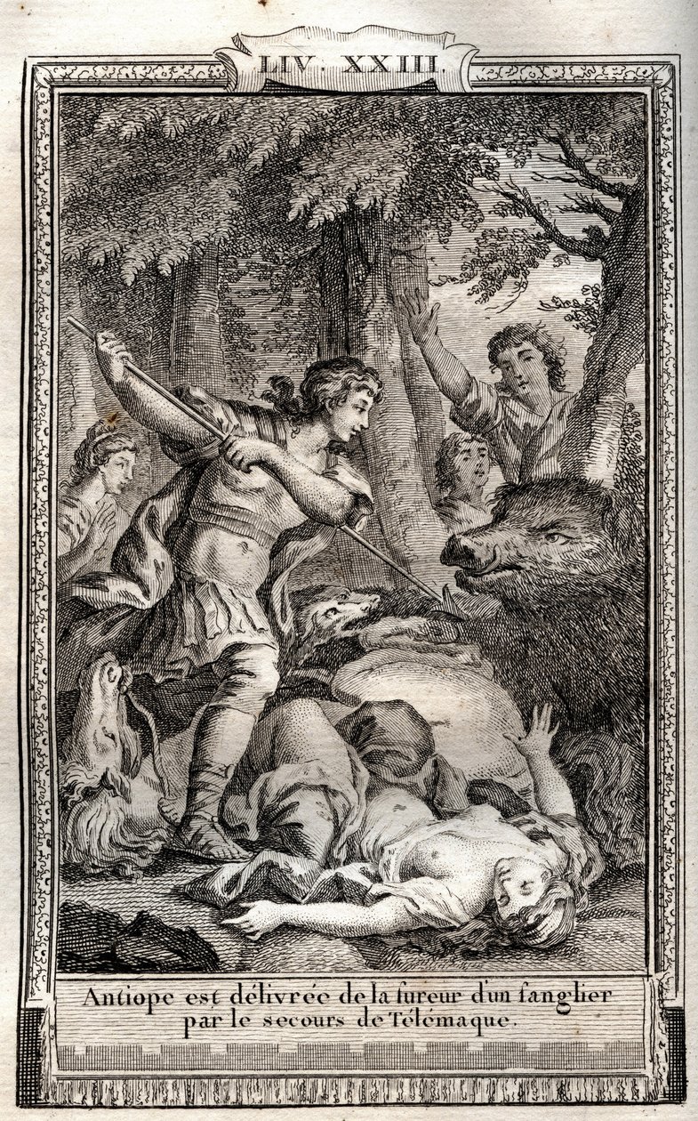 Telemachus bevrijdt Antiope van een wild zwijn - gravure uit 1798 door Monnet in Les Aventures de Telemachus, fils d