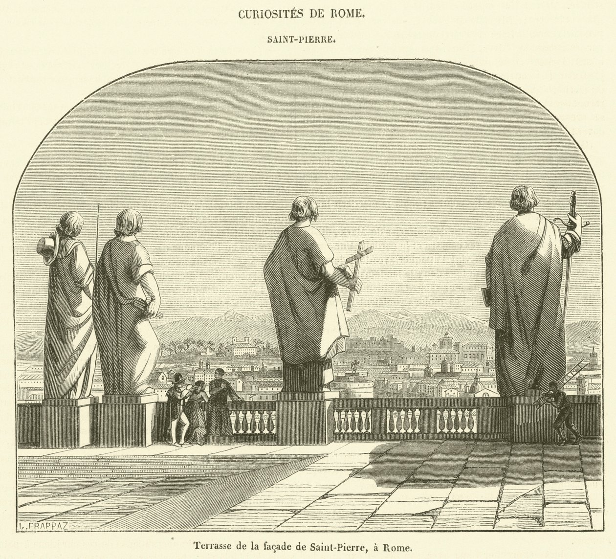 Terras op de gevel van de Sint Pieter, Rome (gravure) door French School