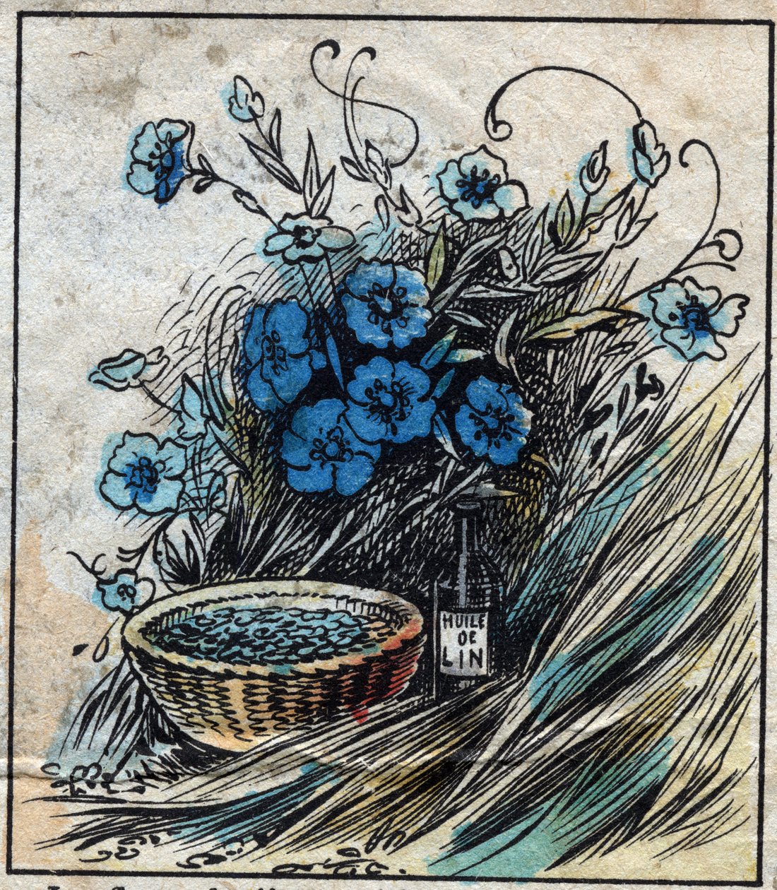 Textiel, linnen. Vlasbloem (blauw), stengel samengesteld uit stro en filamenten om linnen garen te maken. Zaad gebruikt in de geneeskunde en waarvan olie wordt gewonnen voor de industrie. Gravure. door French School