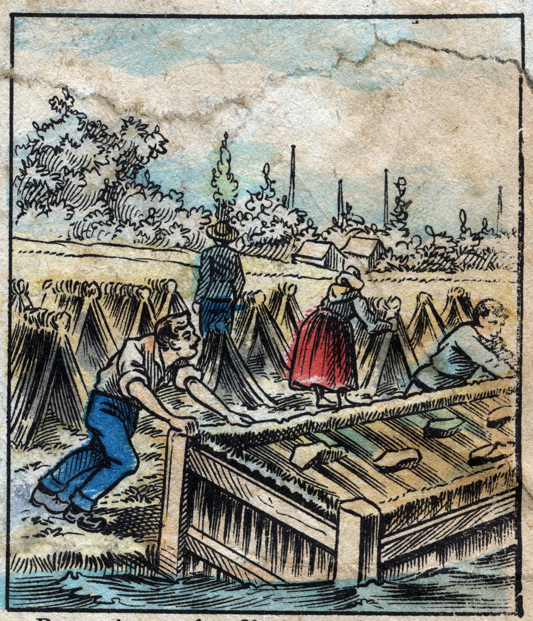 Textiel, linnen. Vlasroest: Om strofilamenten te scheiden, worden vlasbundels in water gedompeld. Gravure. Epinal imaging eind 19e eeuw. door French School