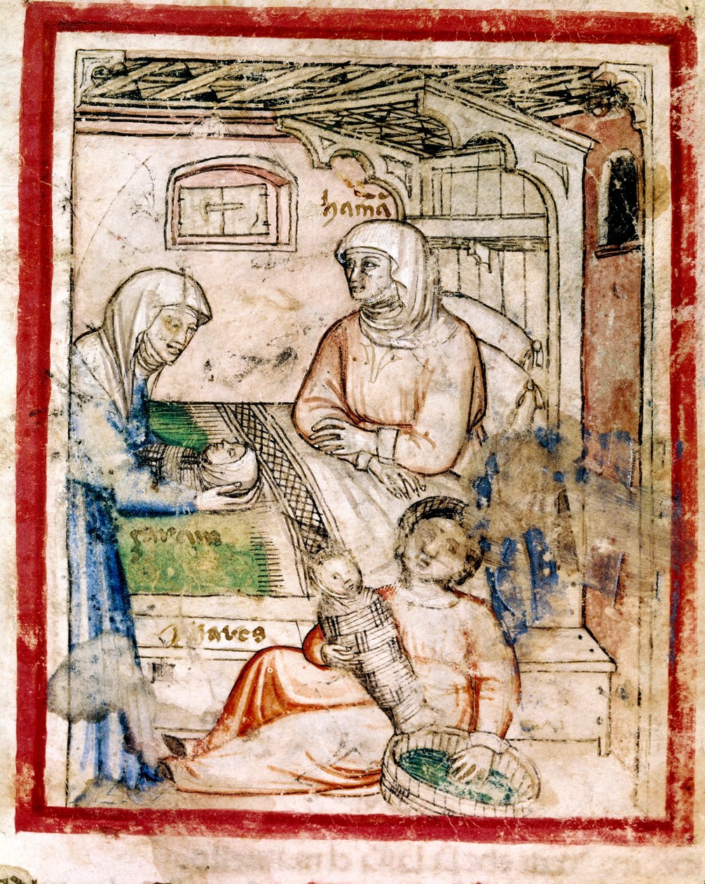 Thamar (Tamar) baart twee tweelingen, Perets en Zerah, zonen van Juda, miniatuur uit codex 212 (of padovano codice of Bijbel van Padua) 1390-1400 door French School