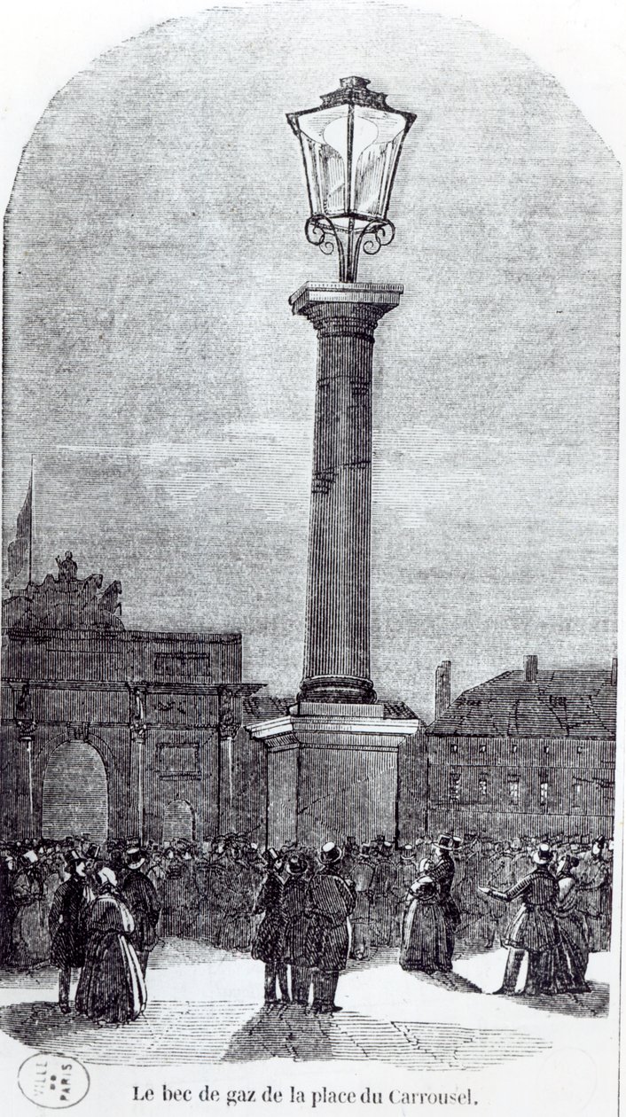 De eerste gaslamp in Parijs op Place du Carrousel in 1818 door French School