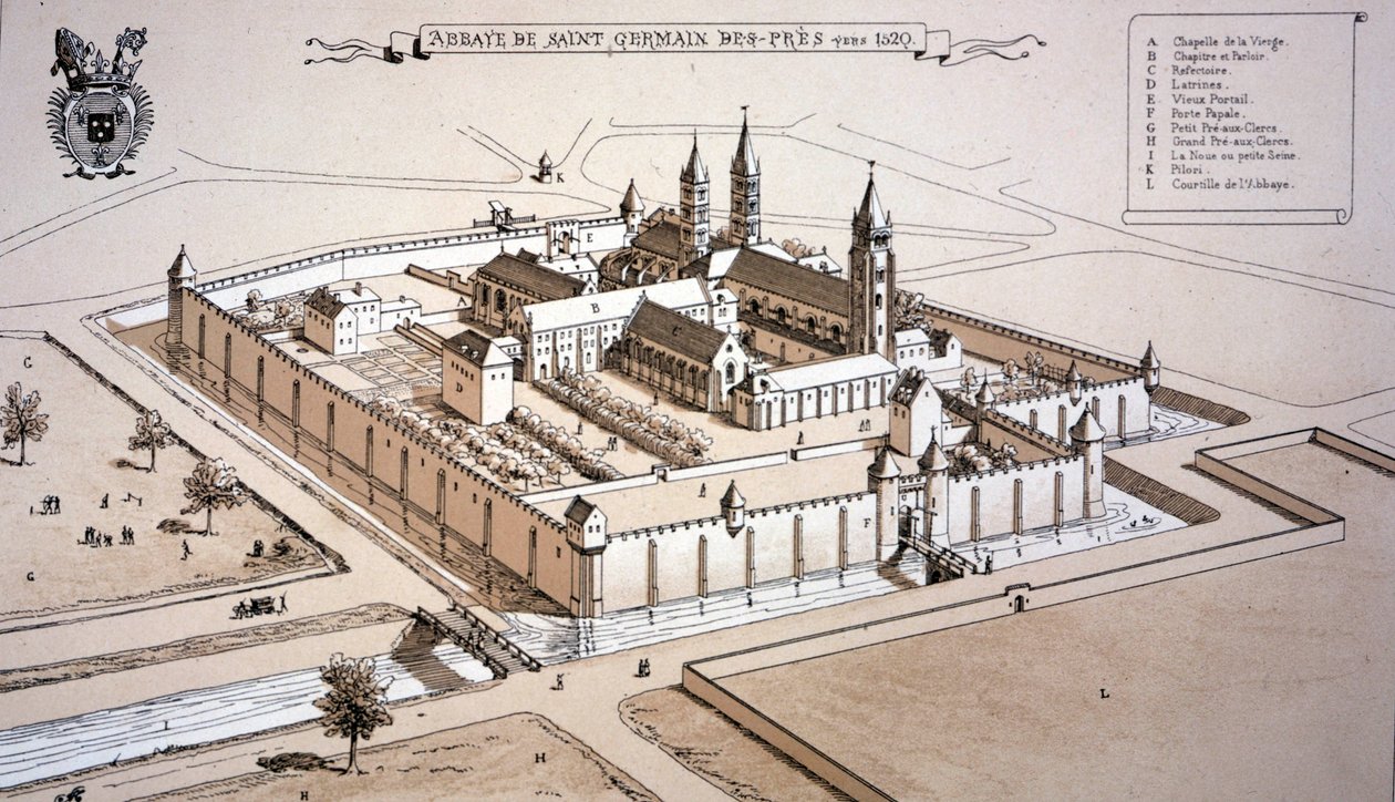 De abdij van Saint-Germain-des-Prés ca. 1520 (kleurgravure) door French School