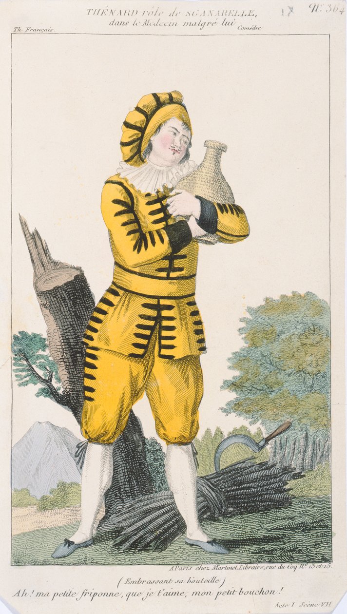 De acteur Thenard in de rol van Sganarelle in het toneelstuk Le Médecin Malgré Lui, opgevoerd in Parijs in de Comédie Française, begin 19e eeuw door French School