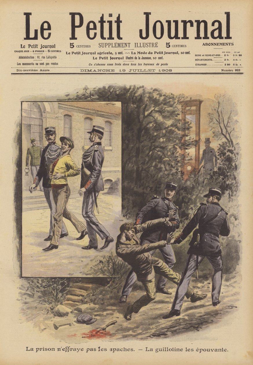 De Apachen zijn niet bang voor de gevangenis. De guillotine beangstigt hen (kleurenlitho) door French School