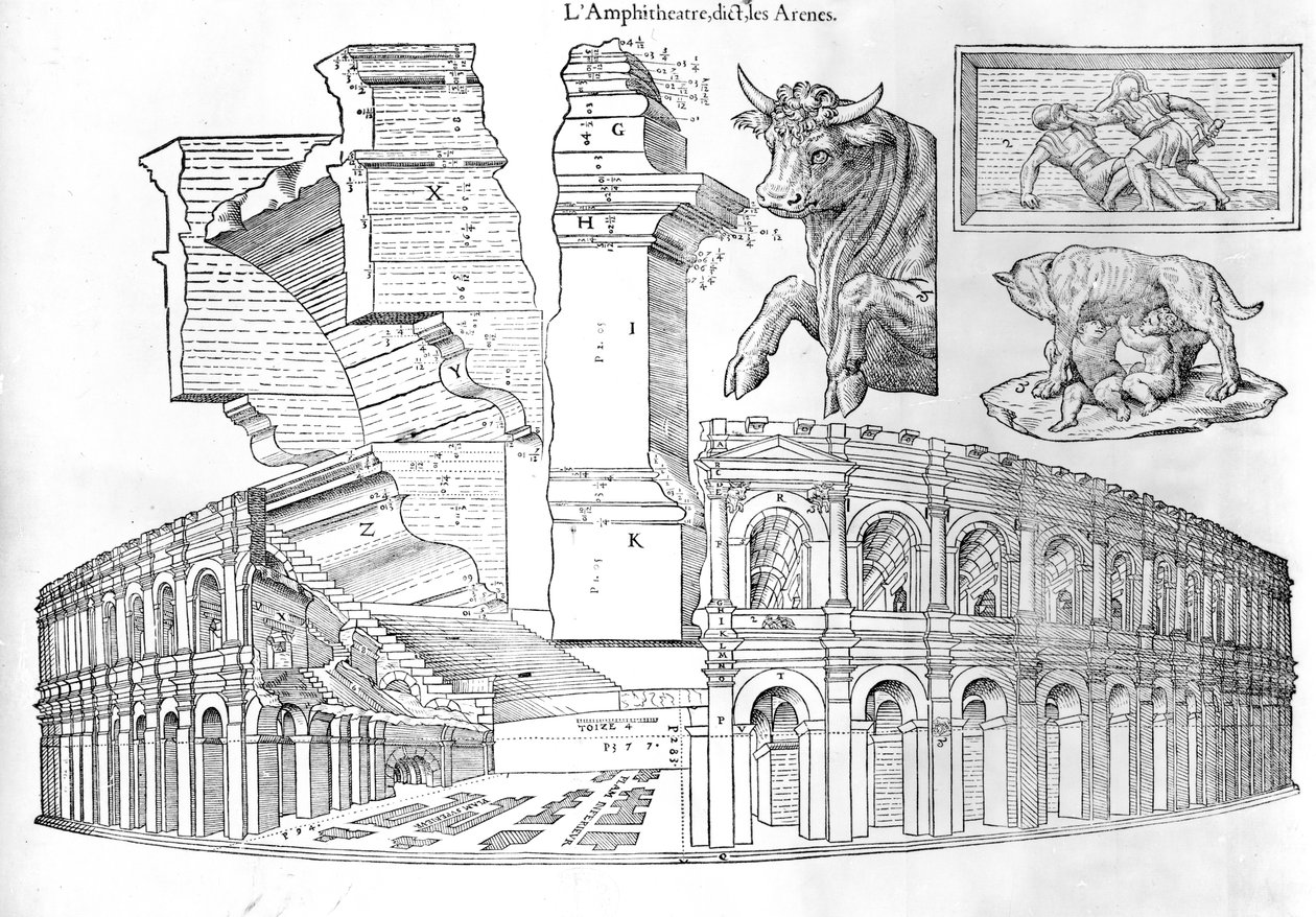 De Arena van Nîmes, illustratie uit Discours historial de lantique et illustre cite de Nismes door Jean Poldo d