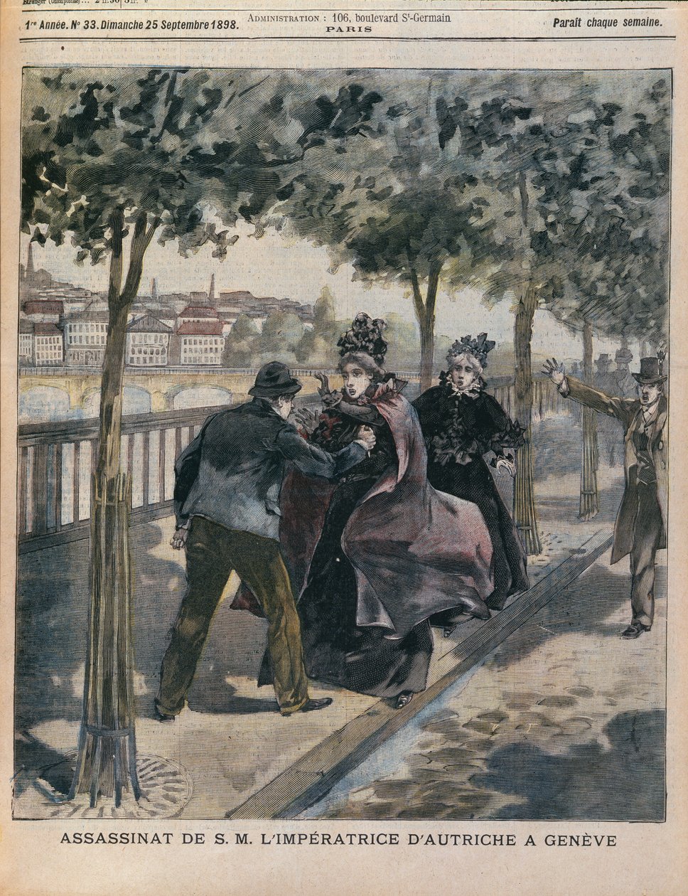 De moord op Elizabeth (1837-98) keizerin van Oostenrijk in Genève, voorpagina van L
