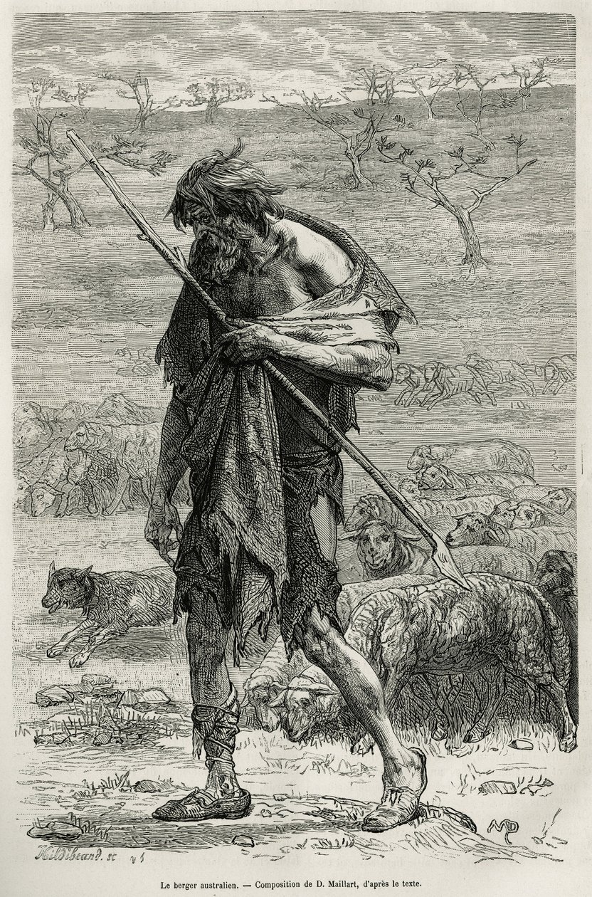 De Australische herder, gegraveerd naar een tekening van D.Maillart, ter illustratie van het verhaal zes maanden in Australië, door Desire Charnay, een missieopdracht door het Ministerie van Openbaar Onderwijs, in 1878, gepubliceerd in le tour du monde, on door French School