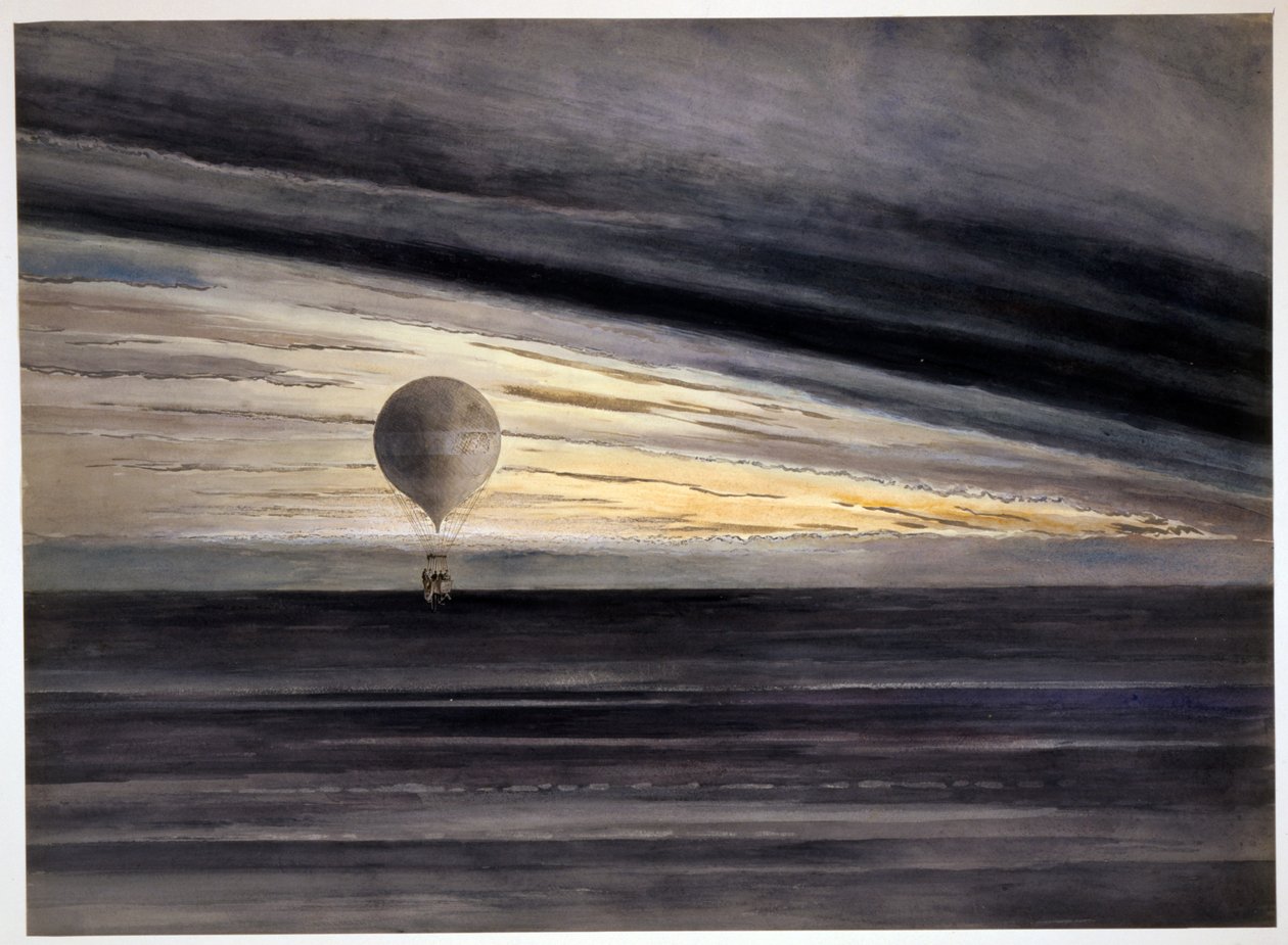 De ballon, Zénith, tijdens een langeafstandsvlucht van Parijs naar Bordeaux in maart, 1875, uitgegeven 1875-1880 door French School
