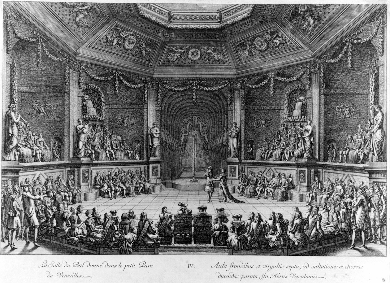 Het bal in het kleine park van Versailles, gravure 1678 door French School