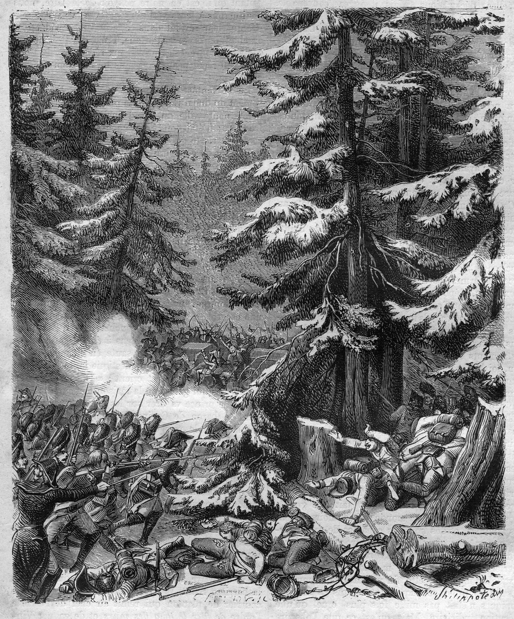 De Slag bij Hohenlinden (bij München, Duitsland) op 12 Frimaire, IX (3 december 1800) tussen de Franse troepen van generaal Jean Victor (Jean-Victor) Moreau en de Oostenrijkse en Beierse troepen onder bevel van aartshertog Jean-Baptiste (Jean-Baptiste) van door French School