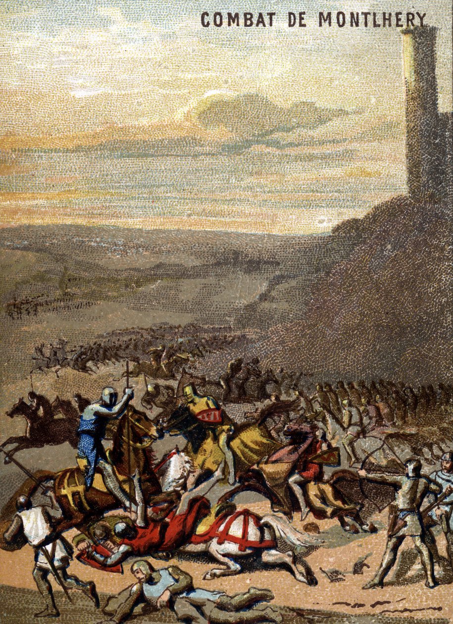De Slag bij Montlhery (1227): De koninkrijken en de feodaliteit - Blanche de Castille, regentes van haar zoon Lodewijk IX, onderdrukt de opstand van de grote feodalen. Chromolithografie van de serie 