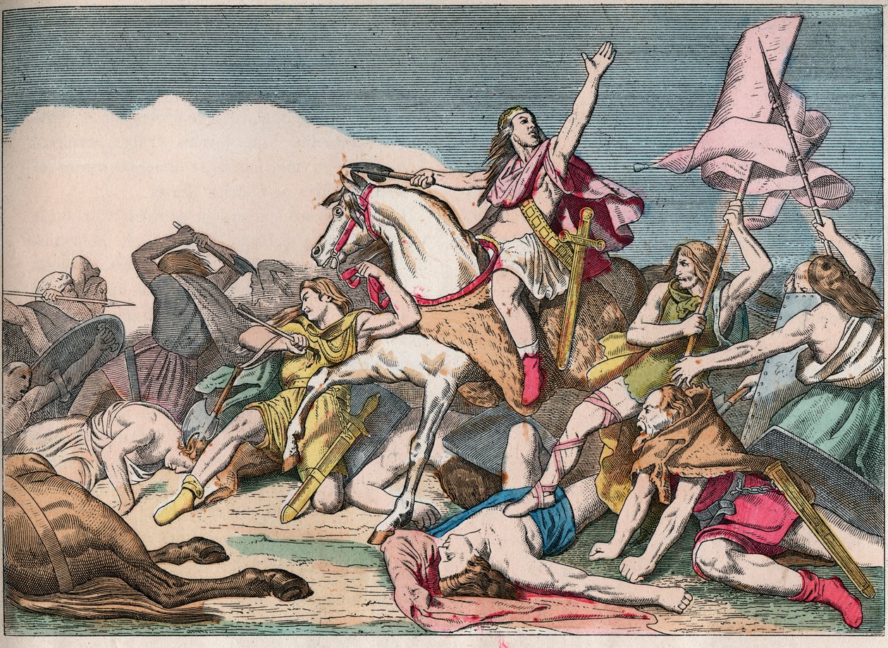 De Slag bij Tolbiac, overwinning van Clovis (466-511) op de Alemannen (496) - Clovis I (466-511) bij de Slag bij Tolbiac, 496 AD - Gravure eind 19e eeuw in 