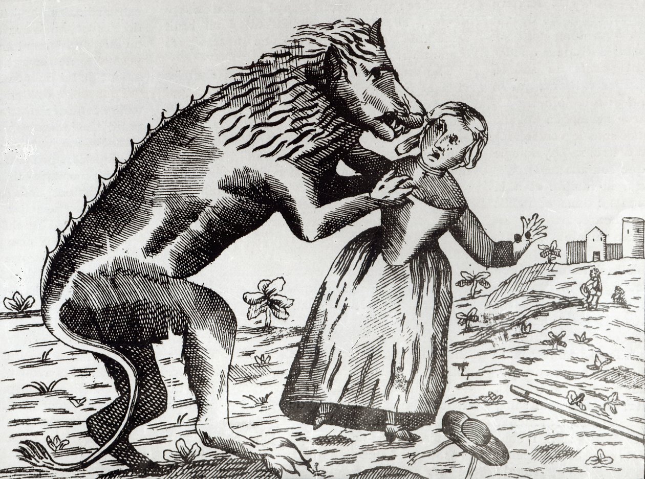 Het Beest van Gevaudan Aanvallend een Jong Meisje door French School