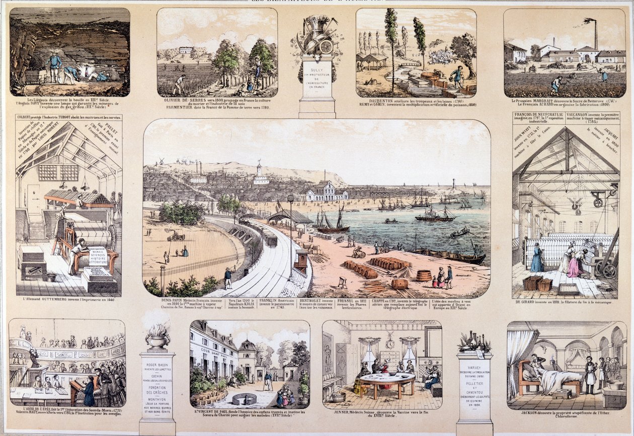 De weldoeners van de mensheid, plaat die grote uitvindingen afbeeldt, tweede helft van de 19e eeuw (kleurgravure) door French School