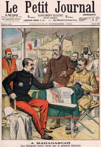 De Boeren delegatie ontvangen door Generaal Joseph Simon Gallieni (1849-1916) in Madagaskar, omslag van Le Petit Journal kleurensupplement nr.625, 9 november 1902 door French School