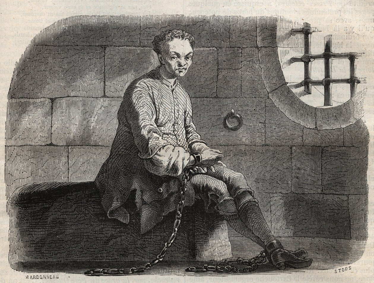 De bandiet Louis Dominique Garthausen alias Cartouche (1693-1721) in de gevangenis - Gravure in 