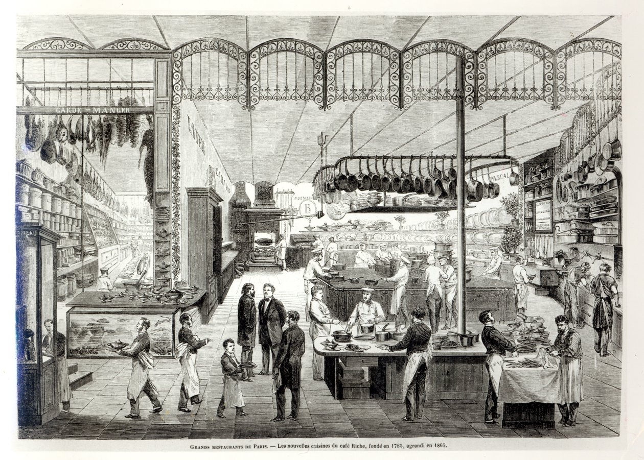 De nieuwe keukens van Café Riche, 1866 door French School