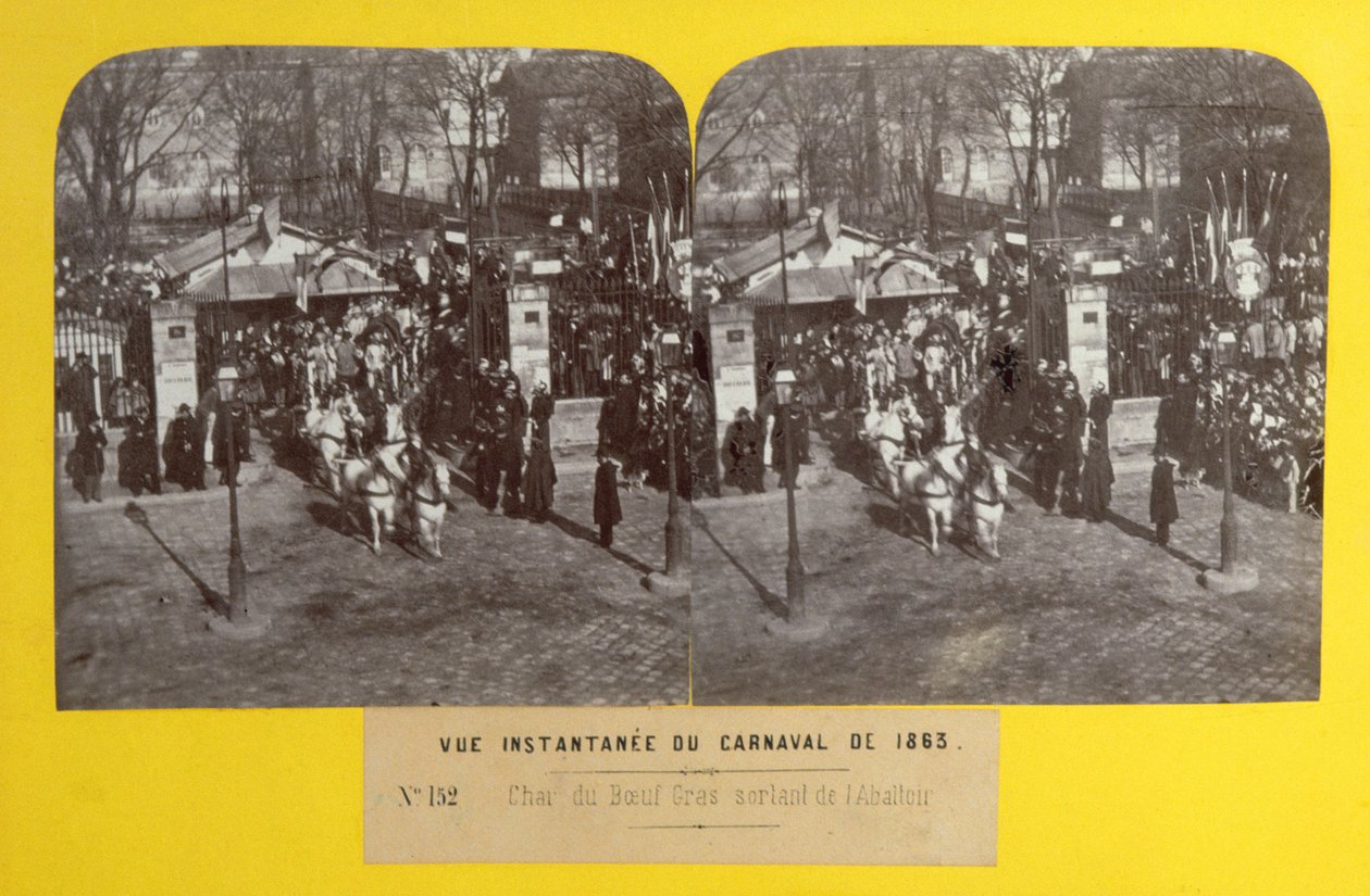 Het Carnaval van 1863 in Parijs, de vetoswagen verlaat het slachthuis, stereoscopisch beeld, 1863 door French School