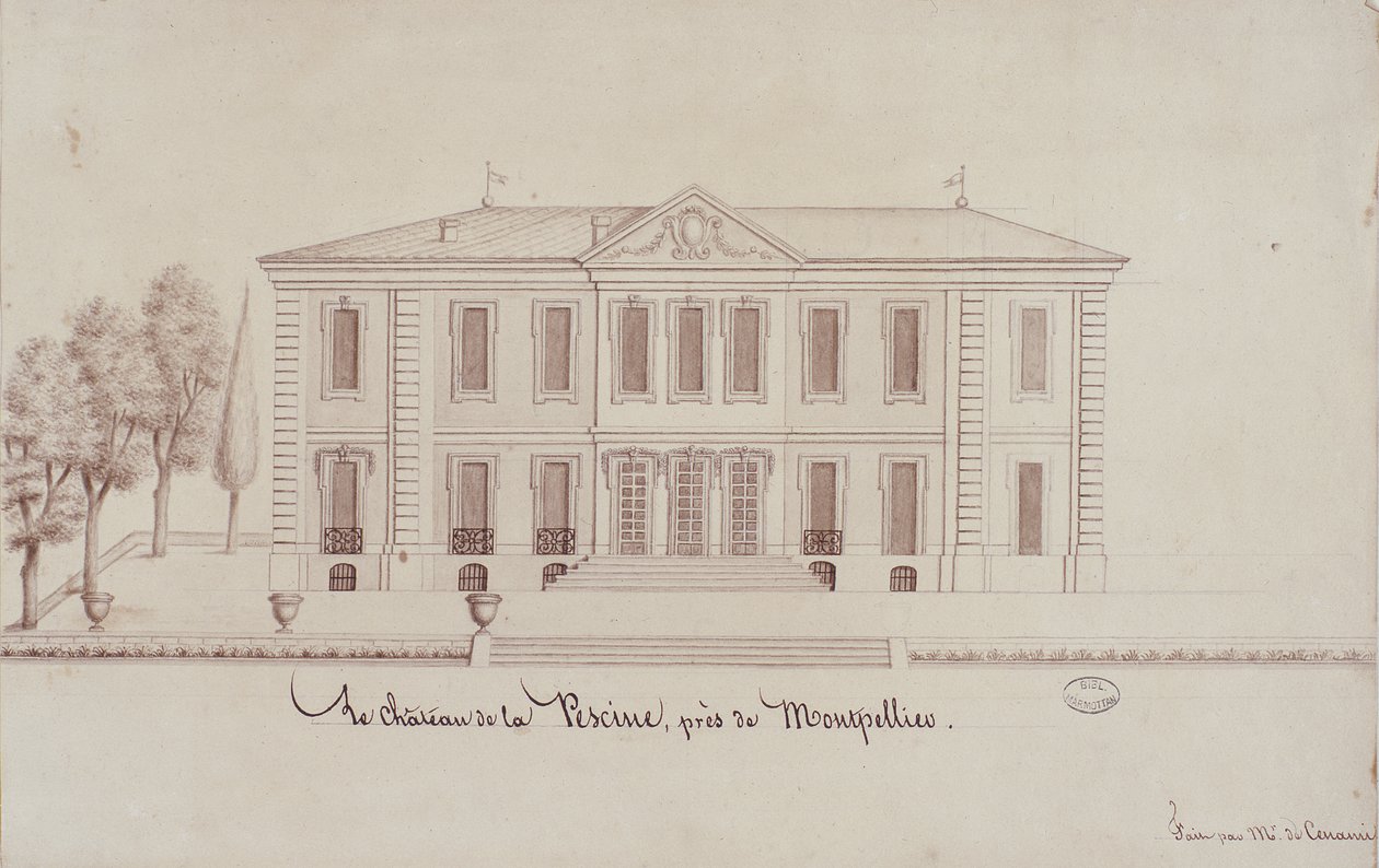 Het Kasteel de la Piscine, nabij Montpellier, getekend door Monsieur de Cenani door French School