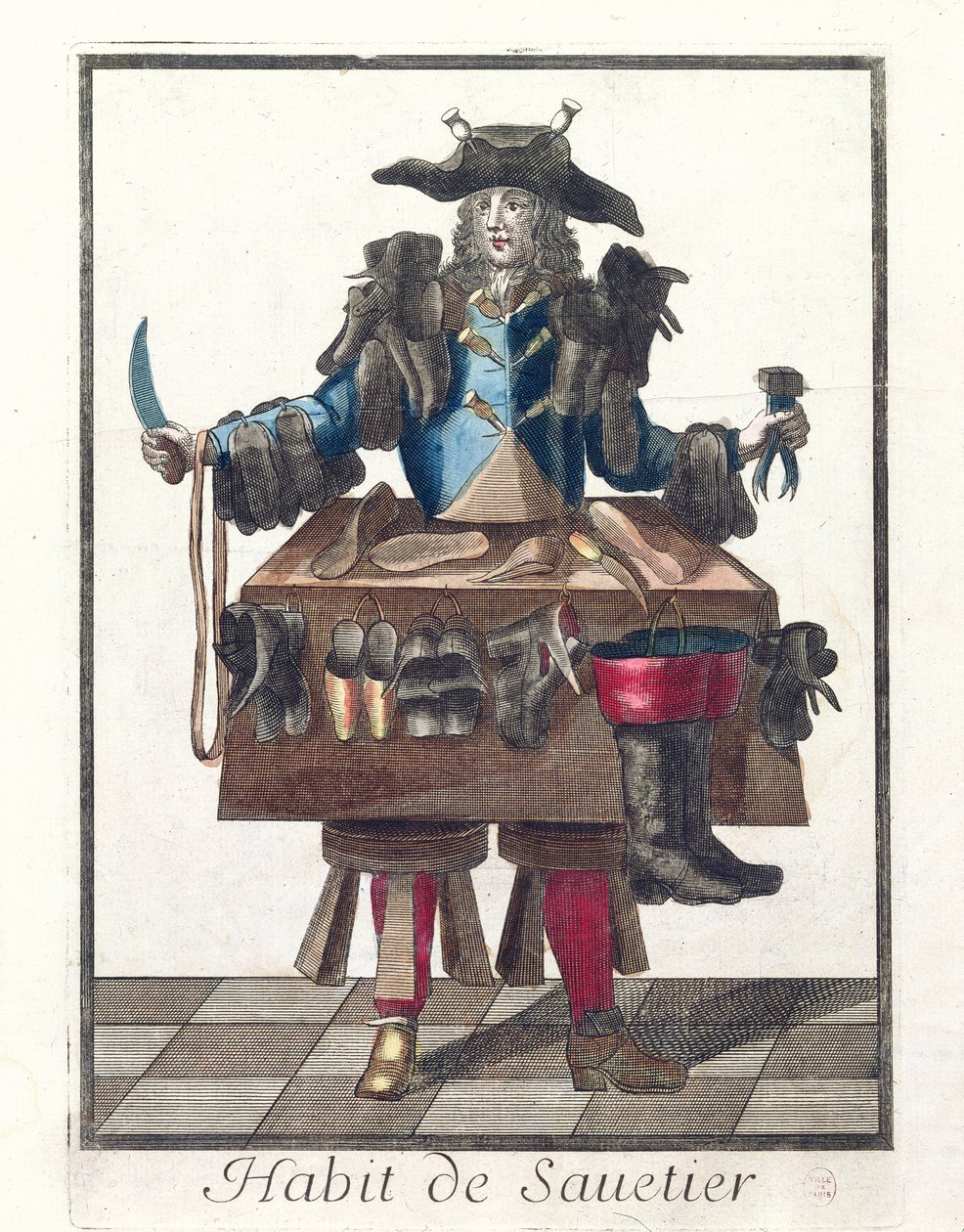 De schoenmaker, een allegorisch kostuumontwerp, naar een afbeelding gegraveerd door een van de Larmessin-familie, ca. 1640-84 door French School