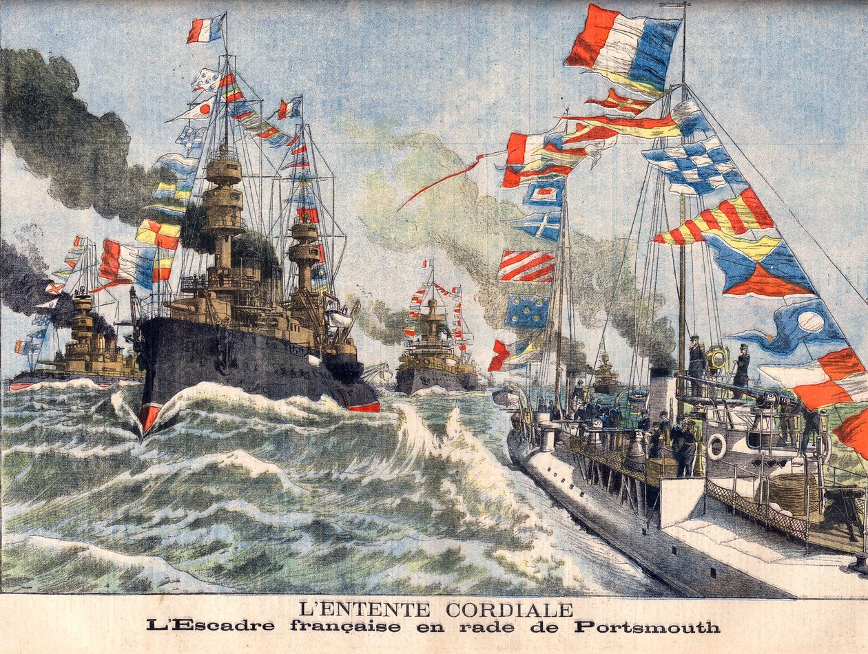 De Cordiale Entente. Engels eskader in de haven van Portsmouth. De Cordiale Entente. Franse vleugel in Portsmouth. Illustratie voor Le Petit Journal door French School