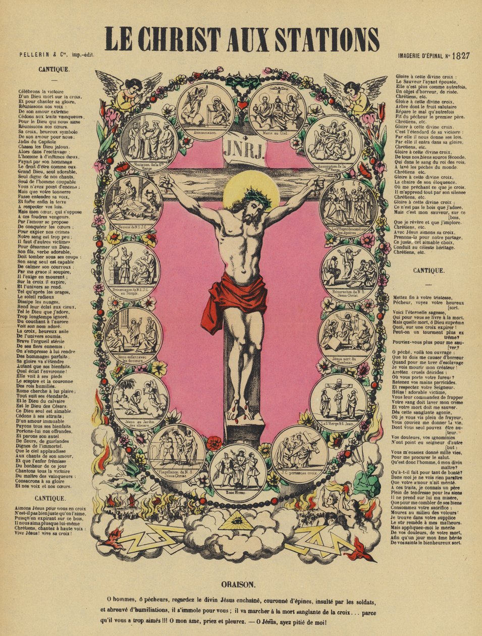 De kruisiging van Jezus en de kruisweg (kleurenlitho) door French School