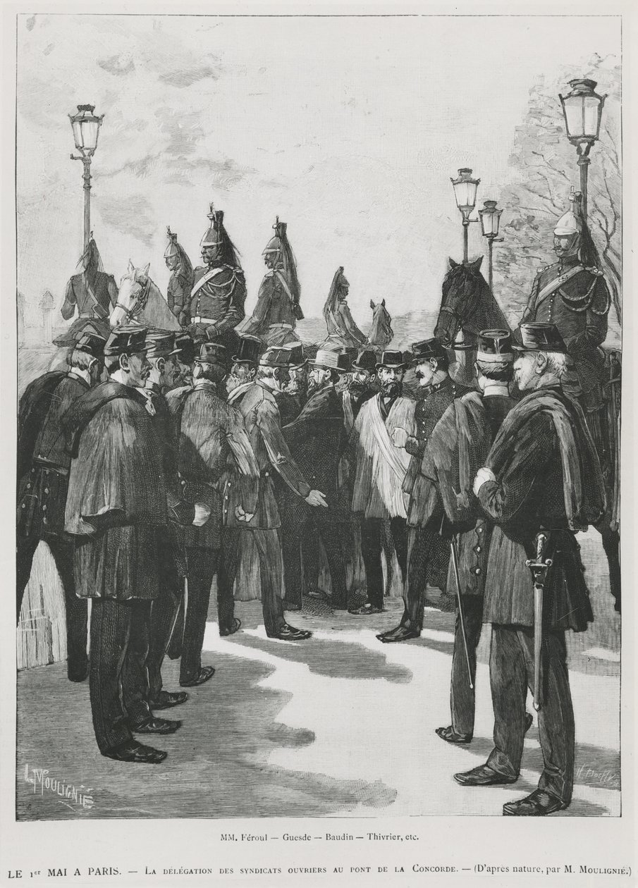 De delegatie van de vakbonden bij Pont de la Concorde tijdens de demonstratie voor 1 mei in Parijs, 1 mei 1890, gegraveerd door L. Moulignie door French School