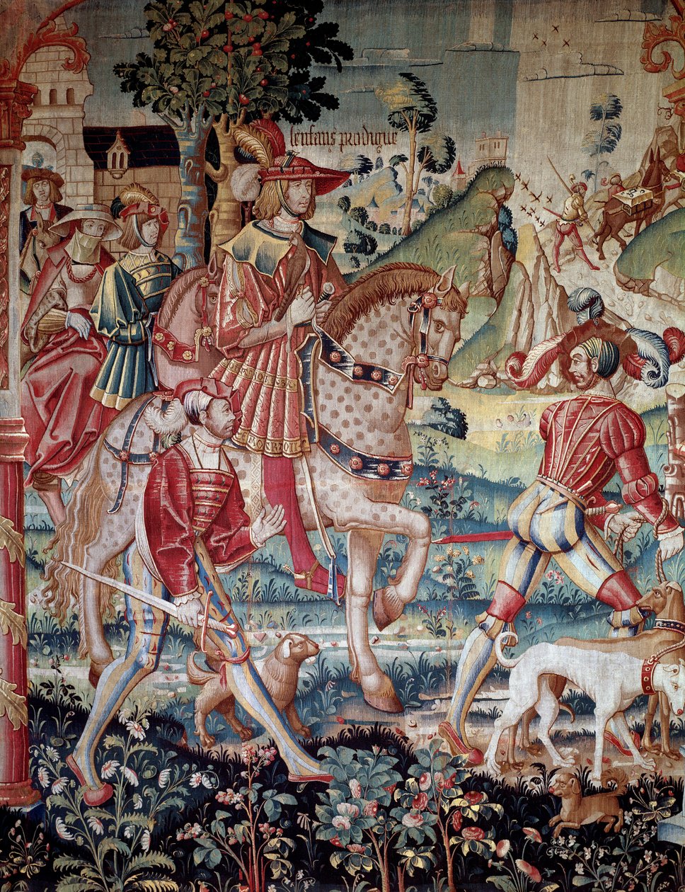 Het vertrek van de verloren zoon Wandtapijt van wol en zijde gemaakt in Doornik rond 1520. Parijs, Nationaal Museum van de Middeleeuwen, Thermen van Cluny door French School