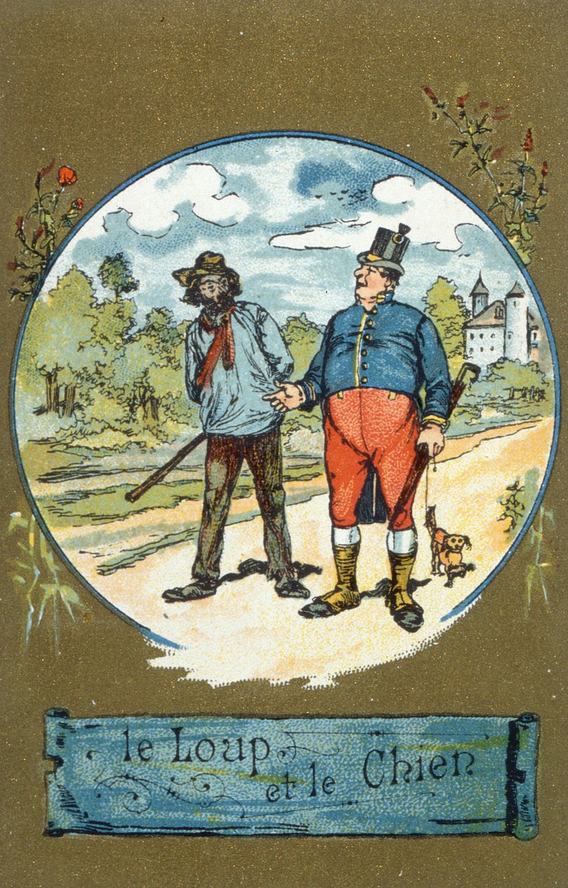 De hond en de wolf, uit Fabels door Jean de La Fontaine door French School