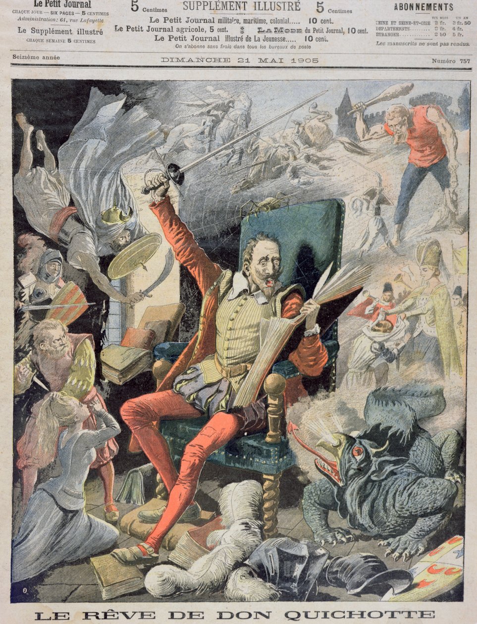 De droom van Don Quichot, omslagillustratie uit Le Petit Journal, 21 mei 1905 door French School