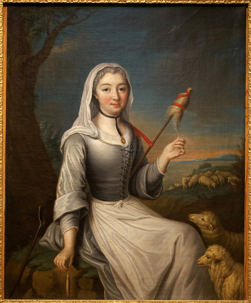 De hertogin van Villars (?) in een bergere met een lisdodde door French School