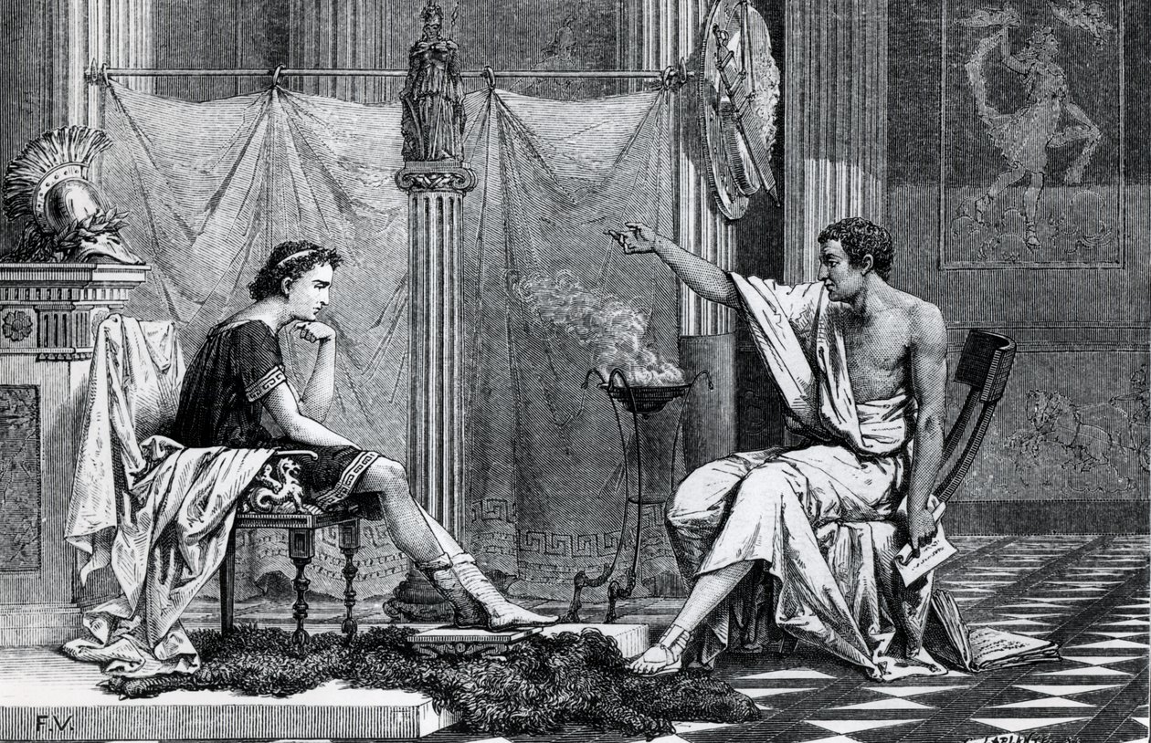 De opvoeding van Alexander de Grote (356-323 v.Chr.) door Aristoteles (384-322 v.Chr.) uit een boek van L. Figuier door French School