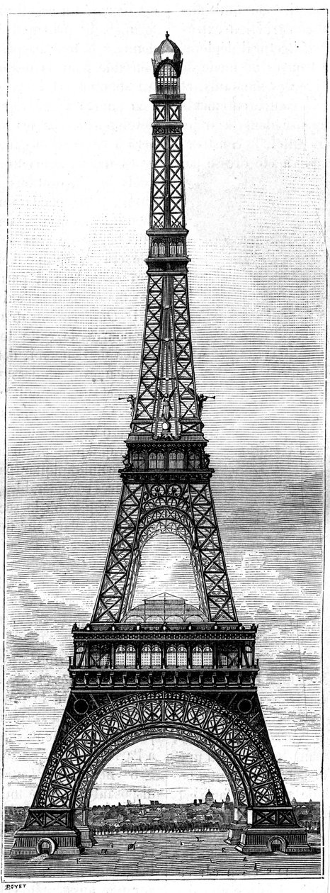 De Eiffeltoren, 300 meter hoge toren voor de Wereldtentoonstelling van 1889 in Parijs, door ingenieur en industrieel Gustave Eiffel. Gravure in 