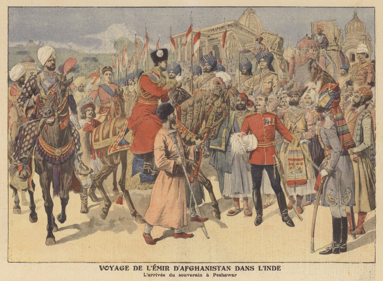 De emir van Afghanistan komt aan in Peshawar op bezoek in India (kleurenlitho) door French School