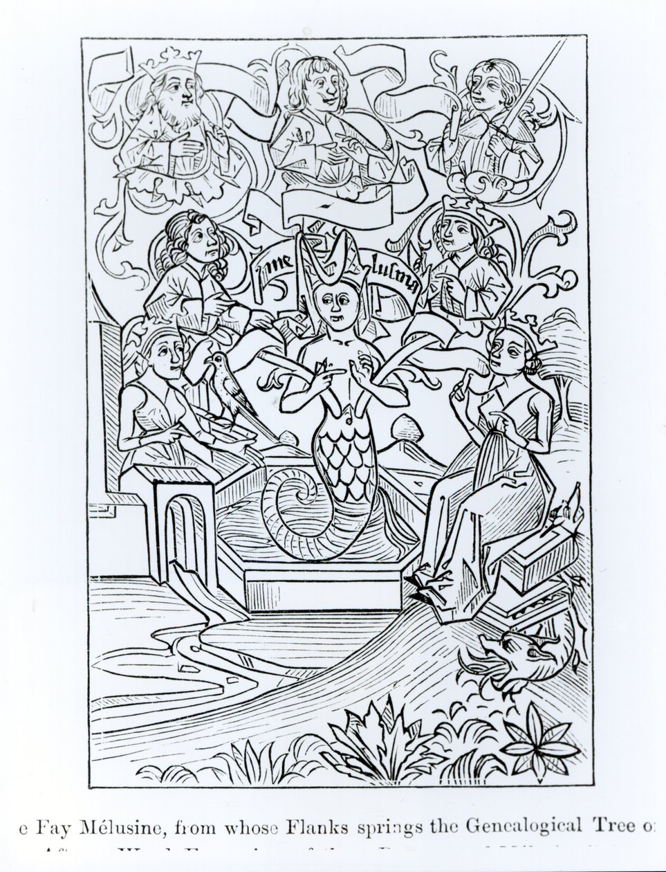 De fee Melusine, uit wiens flanken de genealogische boom van koningen en keizers ontspringt, illustratie uit Wetenschap en Literatuur in de Middeleeuwen en Renaissance, geschreven en gegraveerd door Paul Lacroix door French School