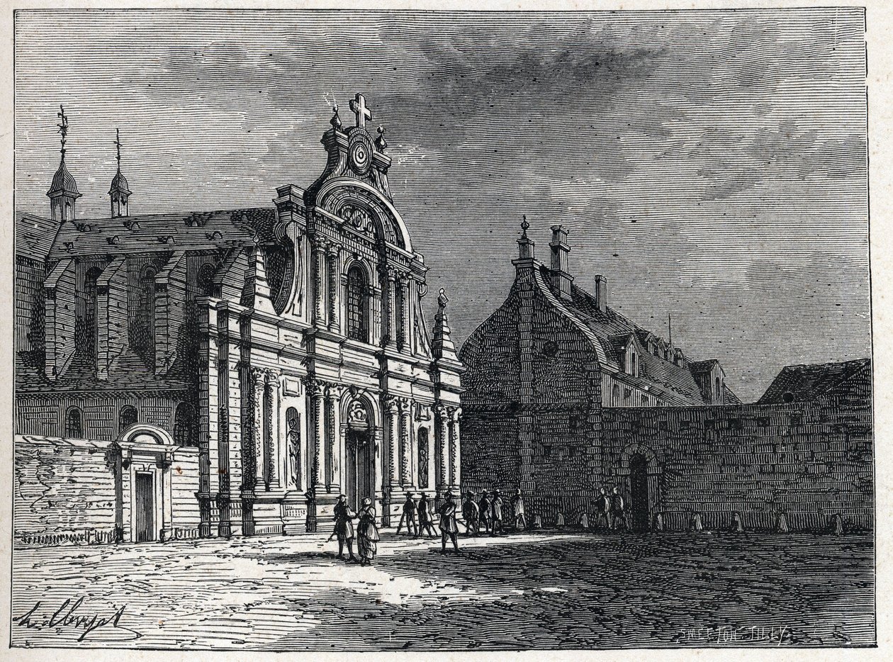 Het Feuillantsklooster, de ontmoetingsplaats van de Feuillants Club, een royalistische politieke organisatie tijdens de Franse revolutie. Gravure uit 1889. Privécollectie door French School